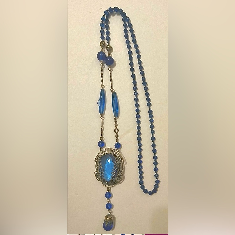 Exquisite Vintage Blue Czech Glass Necklace 20" - Ornate Pendant Lariat Style